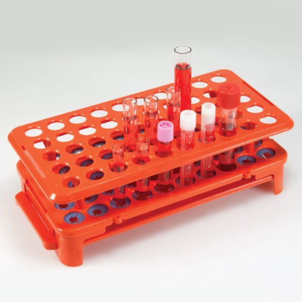 Globe Scientific Grip Rack, Rack with Tube Grippers and Tube Eject for up to 15mm Tubes, 50-Place, Autoclavable, Orange Racks; Test Tube Racks; Plastic